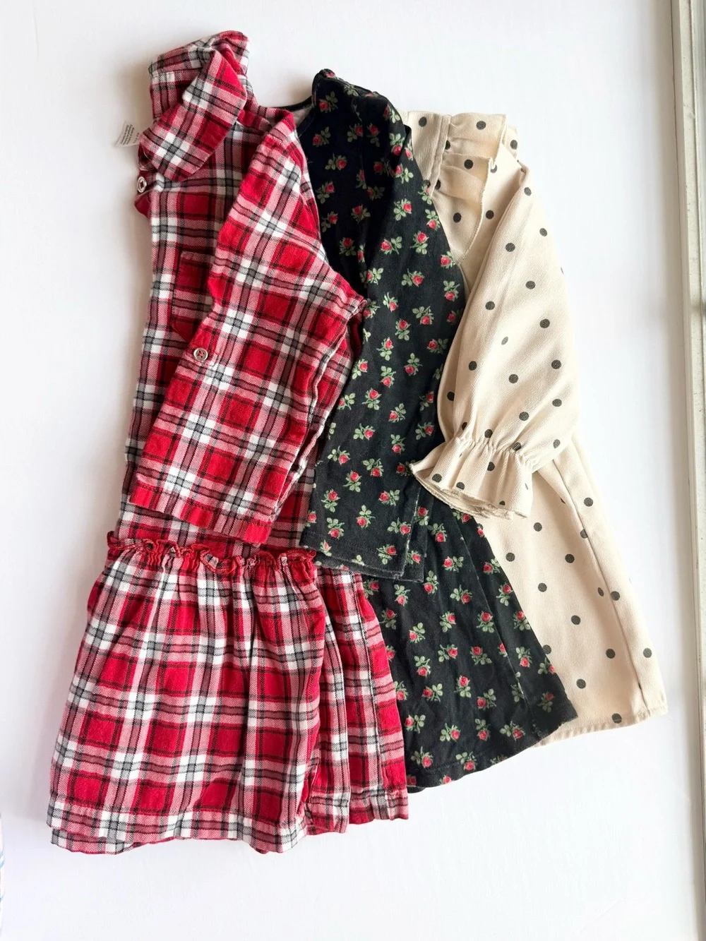 Set of Patterned Girls' Dresses 3T- Red Plaid, Black Floral & Cream Polka Dot
